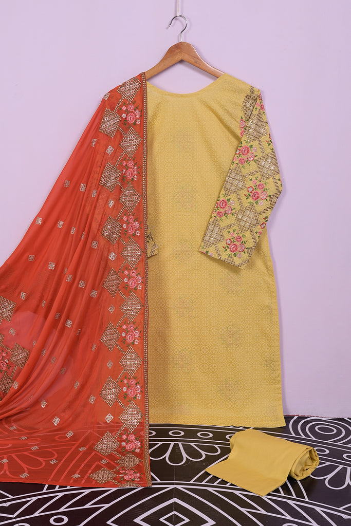 SC-195A-Yellow - Bloom Hutch | 3Pc Cotton Embroidered & Printed Dress