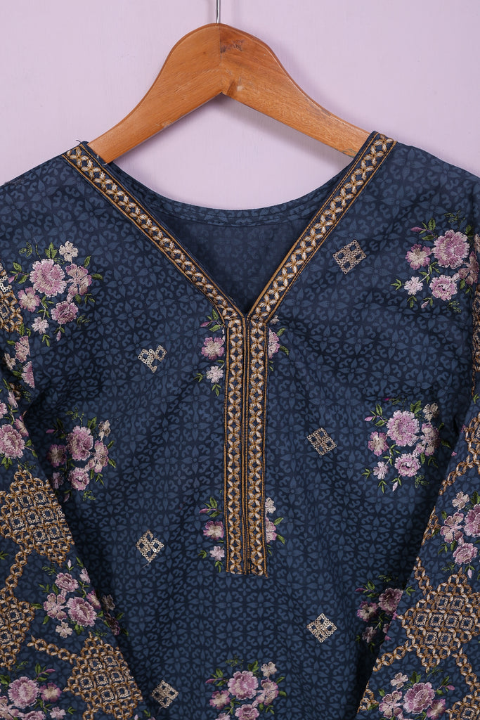 SC-195B-Navy Blue - Bloom Hutch | 3Pc Cotton Embroidered & Printed Dress