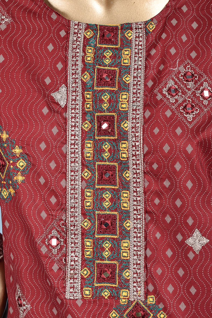 Barfi Sheesha (SC-148A-Maroon) Embroidered & Printed Un-Stitched Cotton Dress With Embroidered Chiffon Dupatta