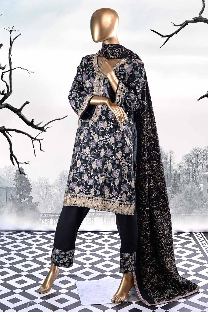 Sona Chandi (SW-2B-Black) | 3 Pc Unstitched Printed & Embroidered Linen Dress