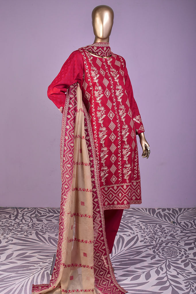 Breakdown (SC-182B-Red) Embroidered & Printed Un-Stitched Cotton Dress With Embroidered Chiffon Dupatta