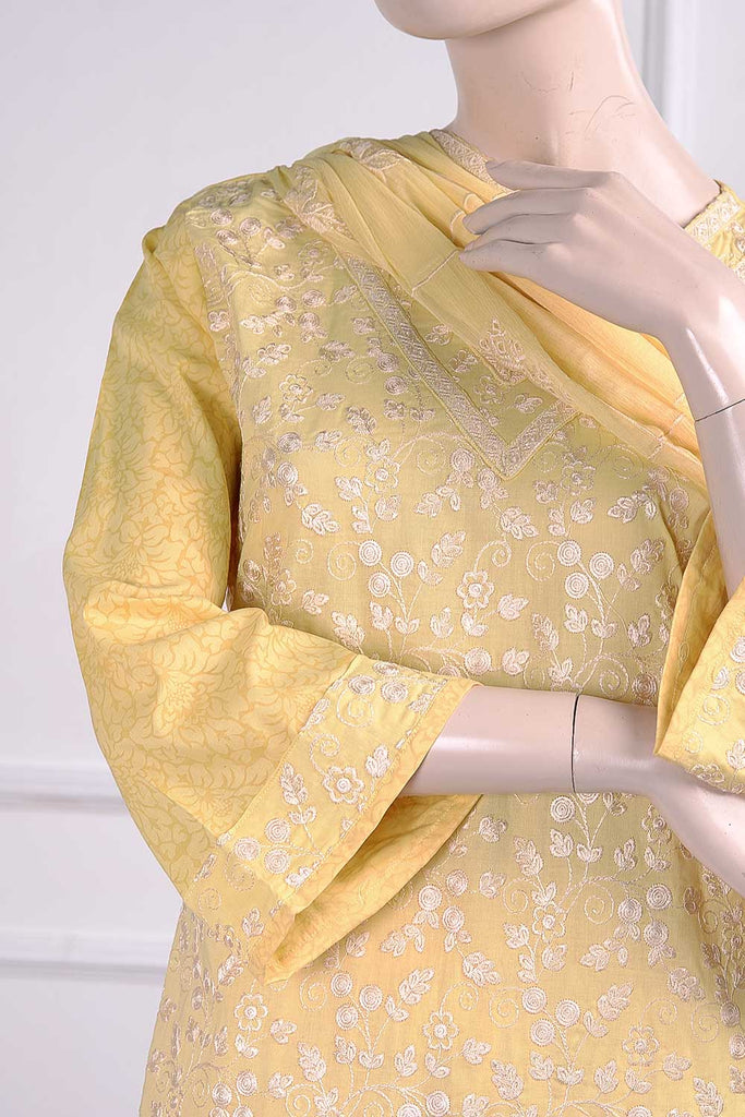Butterfly (SC-18A-Yellow) Embroidered Un-Stitched Cambric Dress With Embroidered Chiffon Dupatta