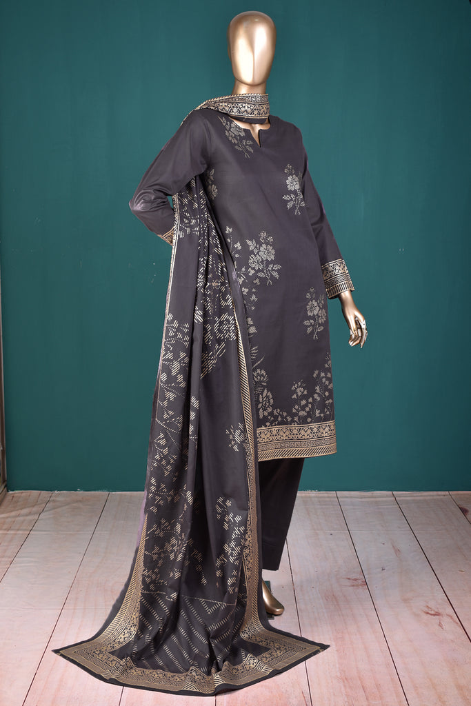 Pure Charisma (CC-1R-PurplishGrey) 3 Pc Unstitched Printed Cambric Dress with Chiffon Dupatta