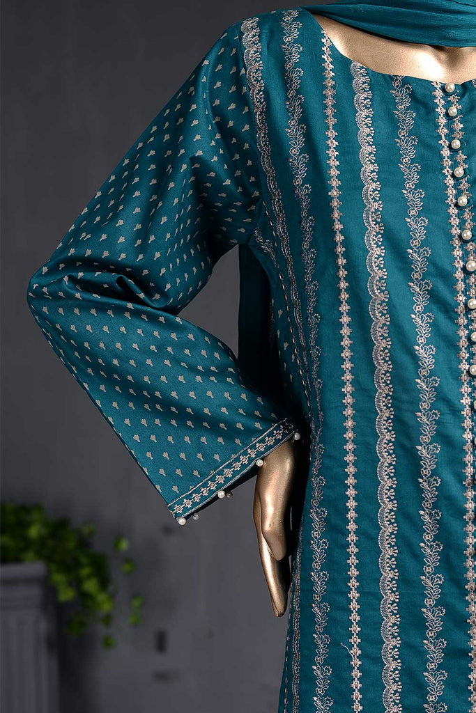 Chicken Stripe (SC-80C-Turquoise) Embroidered Un-Stitched Cambric Dress With Embroidered Chiffon Dupatta