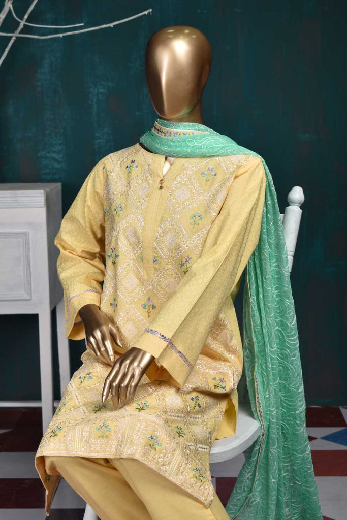 CHIKAN MARBLE (SC-22F-LIGHTYELLOW) Embroidered Un-Stitched Cambric Dress With Chiffon Dupatta