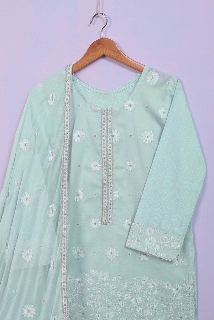 SC-194A-Sea Green - Courtyard | 3Pc Cotton Embroidered & Printed Dress