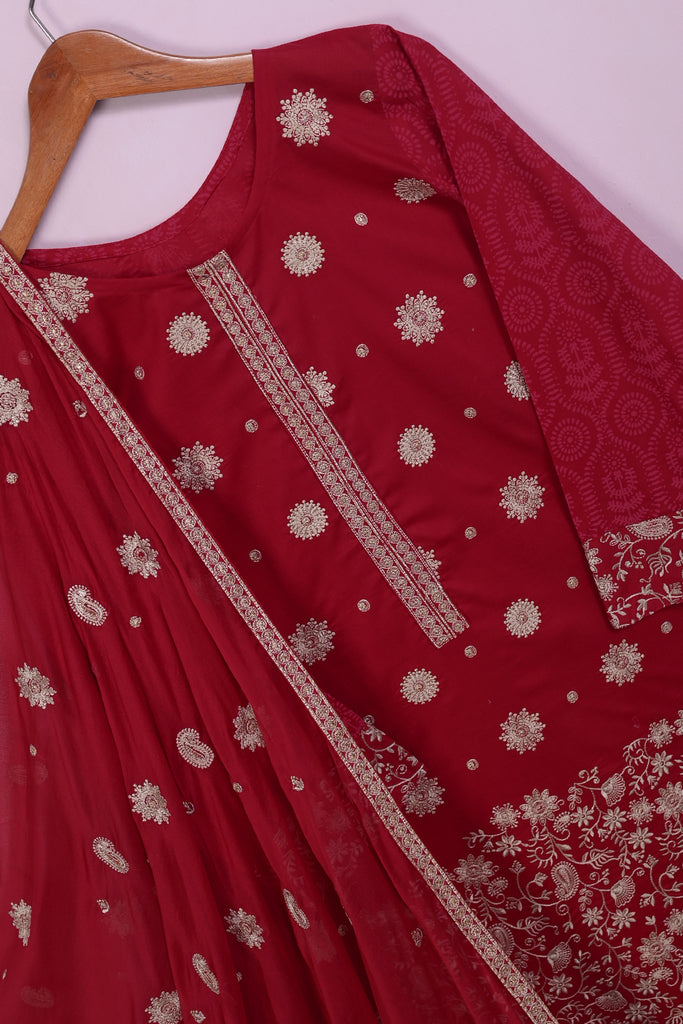 SC-194B-Red - Courtyard | 3Pc Cotton Embroidered & Printed Dress
