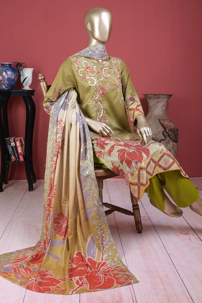 Camellia (ECL-009-Mehndi) - 3 Pc Unstitched Embroidered Lawn Dress With Chikankari Lawn Dupatta