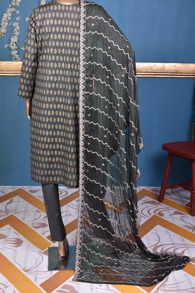Carry Gold (SC-163A-Grey) Embroidered & Printed Un-Stitched Cotton Dress With Embroidered Chiffon Dupatta