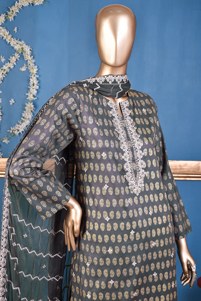 Carry Gold (SC-163A-Grey) Embroidered & Printed Un-Stitched Cotton Dress With Embroidered Chiffon Dupatta