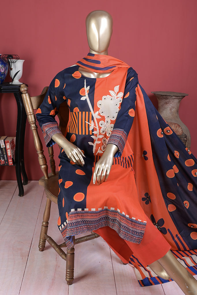 Chaotic Depth (ECL-012-Orange) - 3 Pc Unstitched Embroidered Lawn Dress With Chikankari Lawn Dupatta