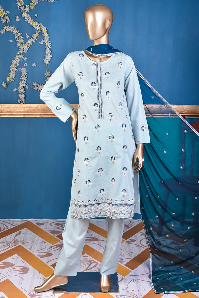 Classic (SC-168A-SkyBlue) Embroidered & Printed Un-Stitched Cotton Dress With Embroidered Chiffon Dupatta
