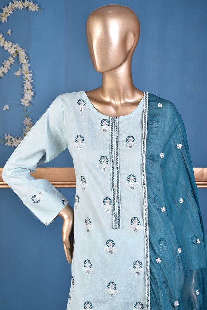 Classic (SC-168A-SkyBlue) Embroidered & Printed Un-Stitched Cotton Dress With Embroidered Chiffon Dupatta