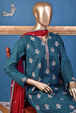 Classic (SC-168B-Turquoise) Embroidered & Printed Un-Stitched Cotton Dress With Embroidered Chiffon Dupatta