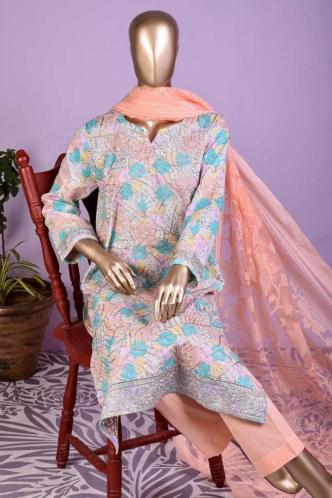 Cotton candy (SC-181B-Peach) Embroidered & Printed Un-Stitched Cotton Dress With Embroidered Burnout Organza Dupatta