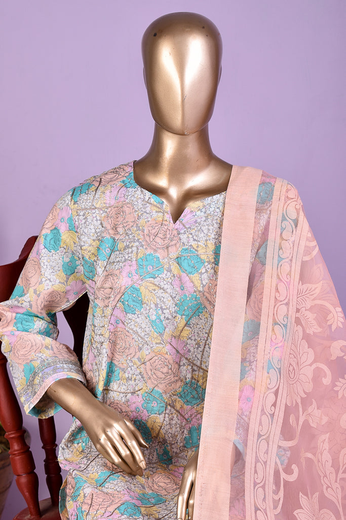 Cotton candy (SC-181B-Peach) Embroidered & Printed Un-Stitched Cotton Dress With Embroidered Burnout Organza Dupatta