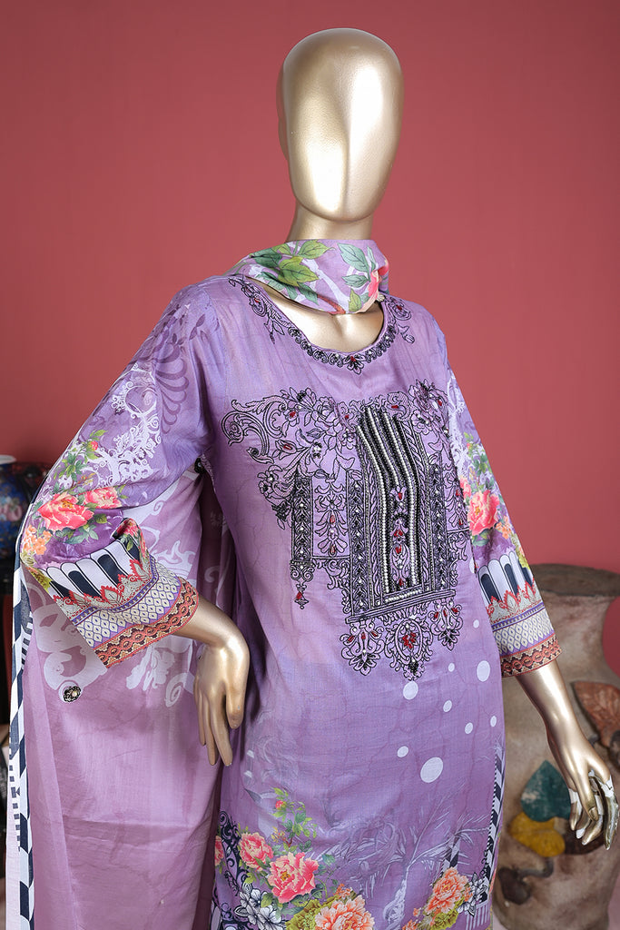 Daffodil (ECL-002-Purple) - 3 Pc Unstitched Embroidered Lawn Dress With Chikankari Lawn Dupatta