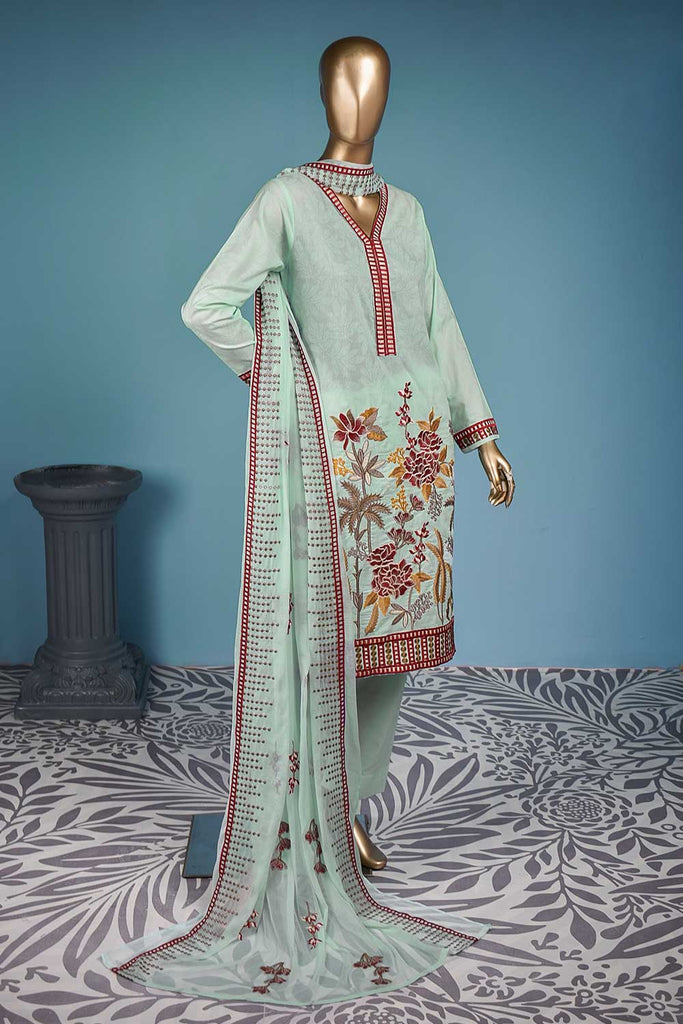 Desert Fire (SC-146A-LightGreen) Embroidered & Printed Un-Stitched Cotton Dress With Embroidered Chiffon Dupatta