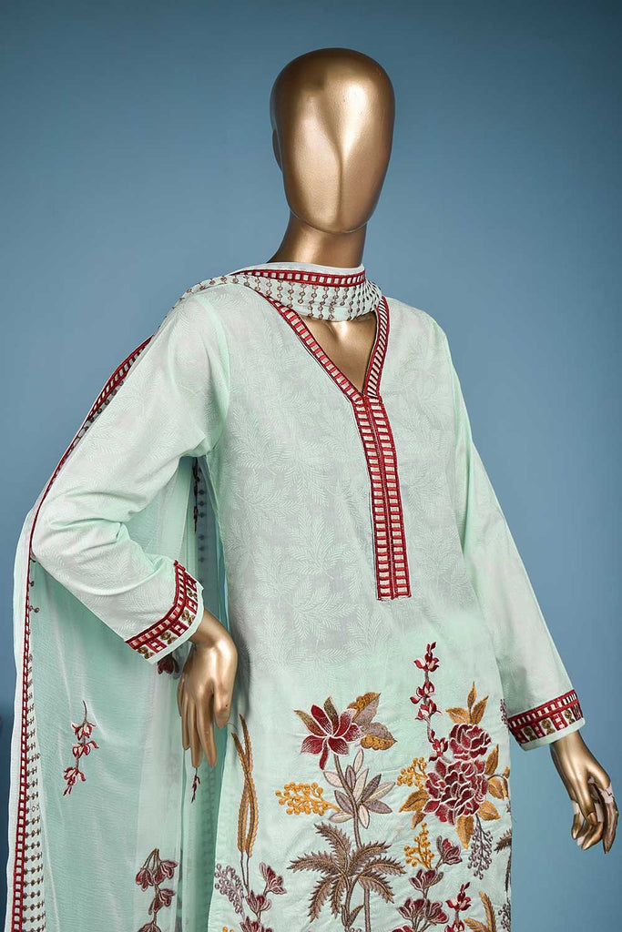 Desert Fire (SC-146A-LightGreen) Embroidered & Printed Un-Stitched Cotton Dress With Embroidered Chiffon Dupatta