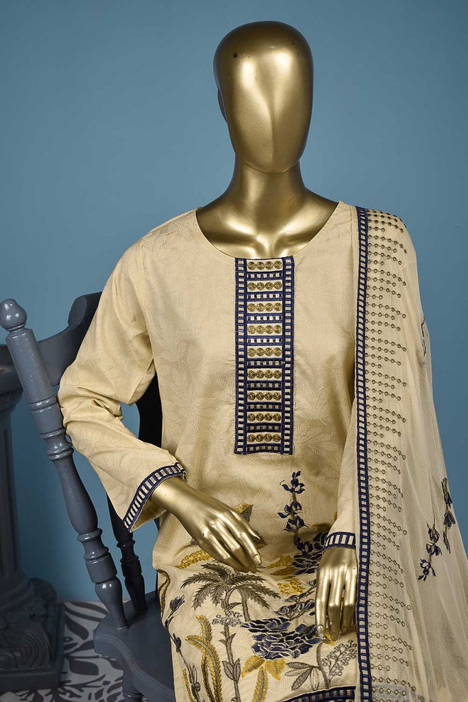 Desert Fire (SC-146B-Skin) Embroidered & Printed Un-Stitched Cotton Dress With Embroidered Chiffon Dupatta