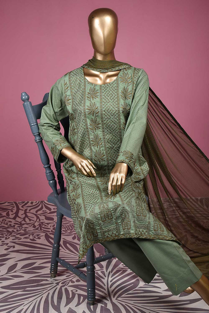 Dragon Beach (SC-140B-Green) Embroidered & Printed Un-Stitched Cotton Dress With Embroidered Chiffon Dupatta
