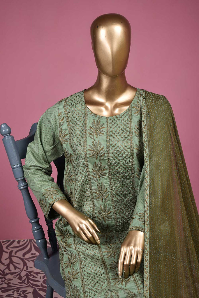 Dragon Beach (SC-140B-Green) Embroidered & Printed Un-Stitched Cotton Dress With Embroidered Chiffon Dupatta
