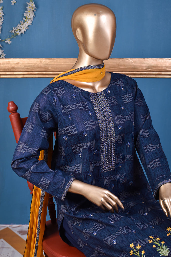 Edge Drive (SC-166B-NavyBlue) Embroidered & Printed Un-Stitched Cotton Dress With Embroidered Chiffon Dupatta