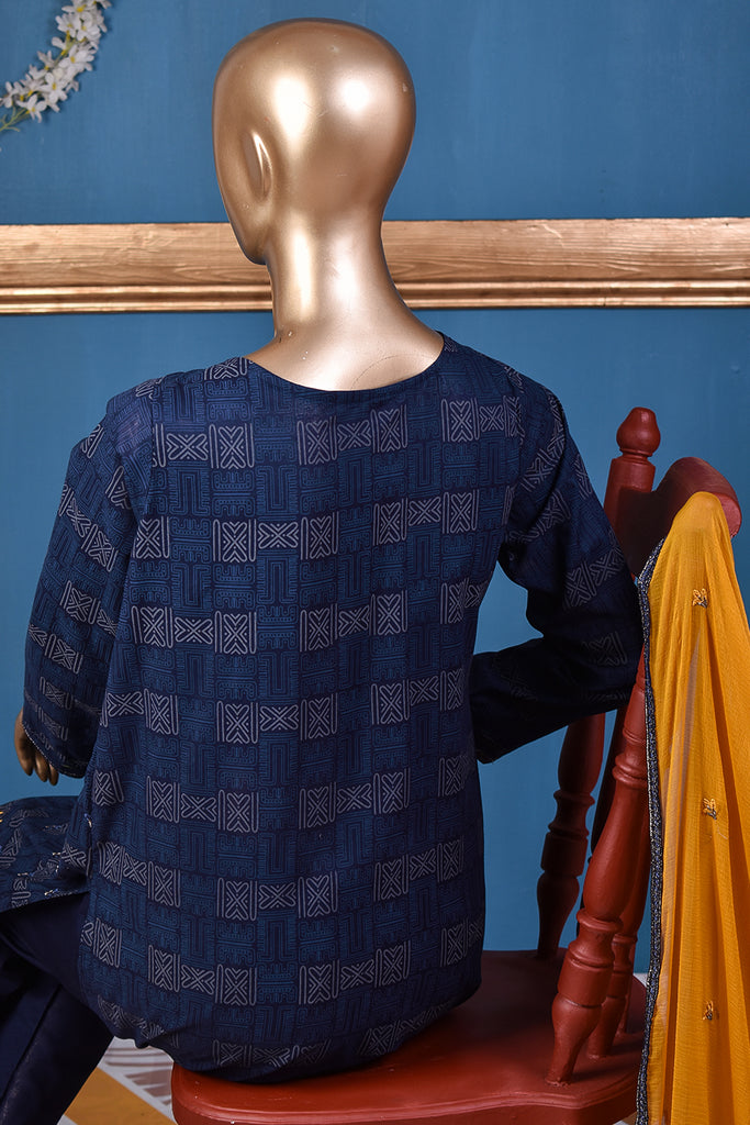 Edge Drive (SC-166B-NavyBlue) Embroidered & Printed Un-Stitched Cotton Dress With Embroidered Chiffon Dupatta