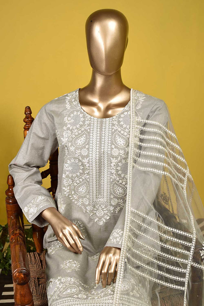 Egyptian Bridge (SC-127B-Grey) Embroidered & Printed Un-Stitched Cambric Dress With Embroidered Net Dupatta