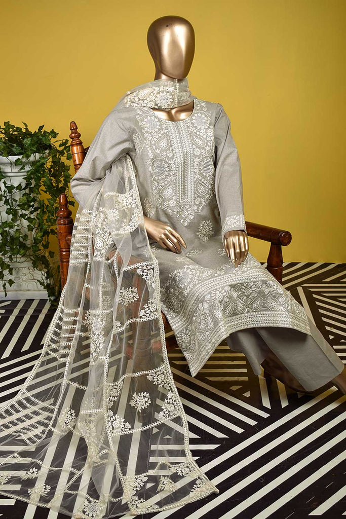Egyptian Bridge (SC-127B-Grey) Embroidered & Printed Un-Stitched Cambric Dress With Embroidered Net Dupatta