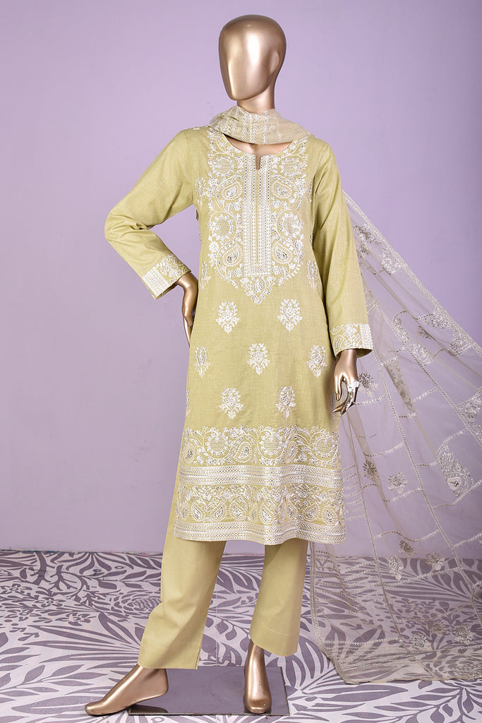 Egyptian Bridge (SC-127D-Khaki) 3Pc Embroidered & Printed Un-Stitched Cotton Dress With Embroidered Net Dupatta