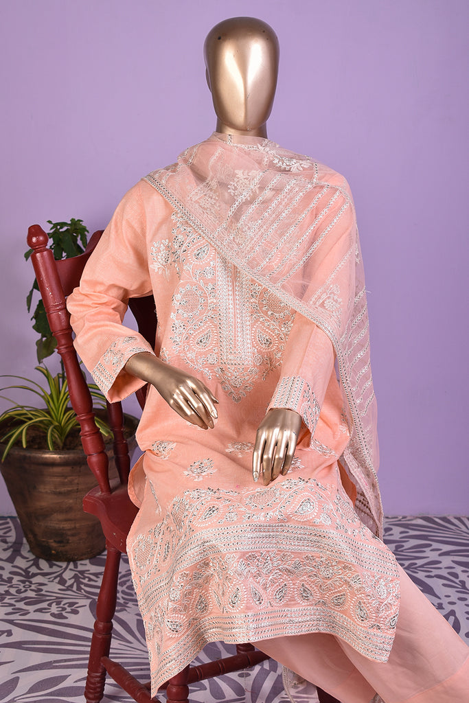Egyption Bridge (SC-127E-Peach) 3Pc Embroidered & Printed Un-Stitched Cotton Dress With Embroidered Net Dupatta