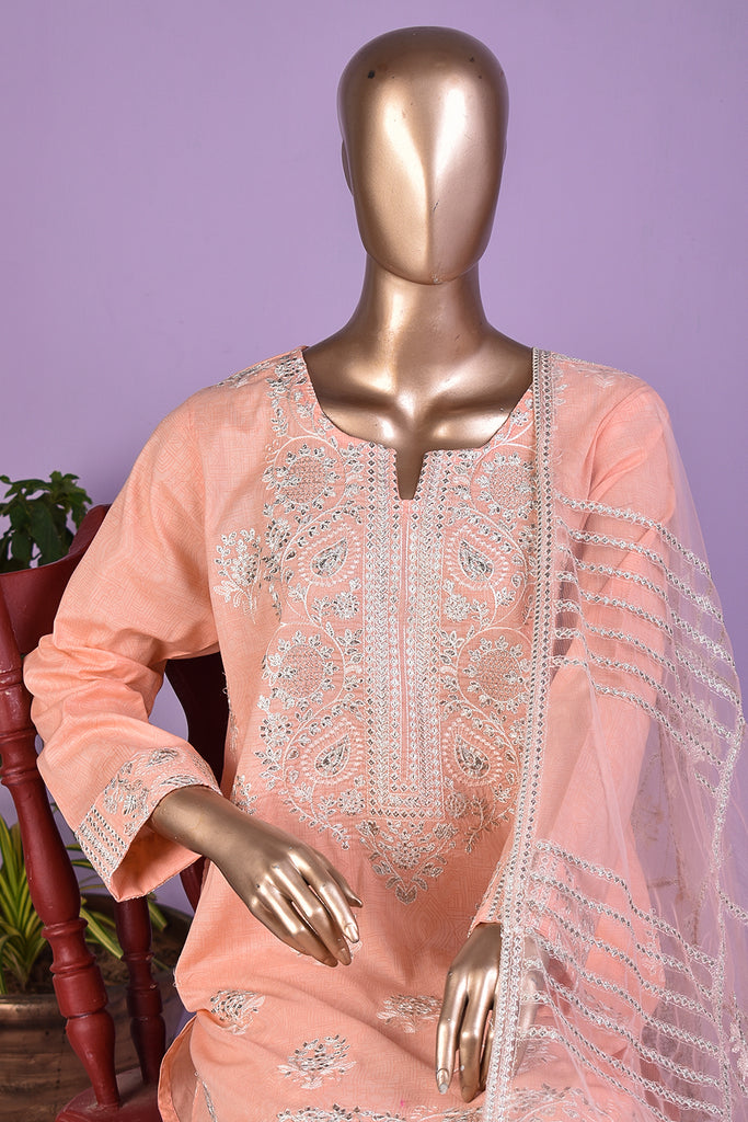 Egyption Bridge (SC-127E-Peach) 3Pc Embroidered & Printed Un-Stitched Cotton Dress With Embroidered Net Dupatta