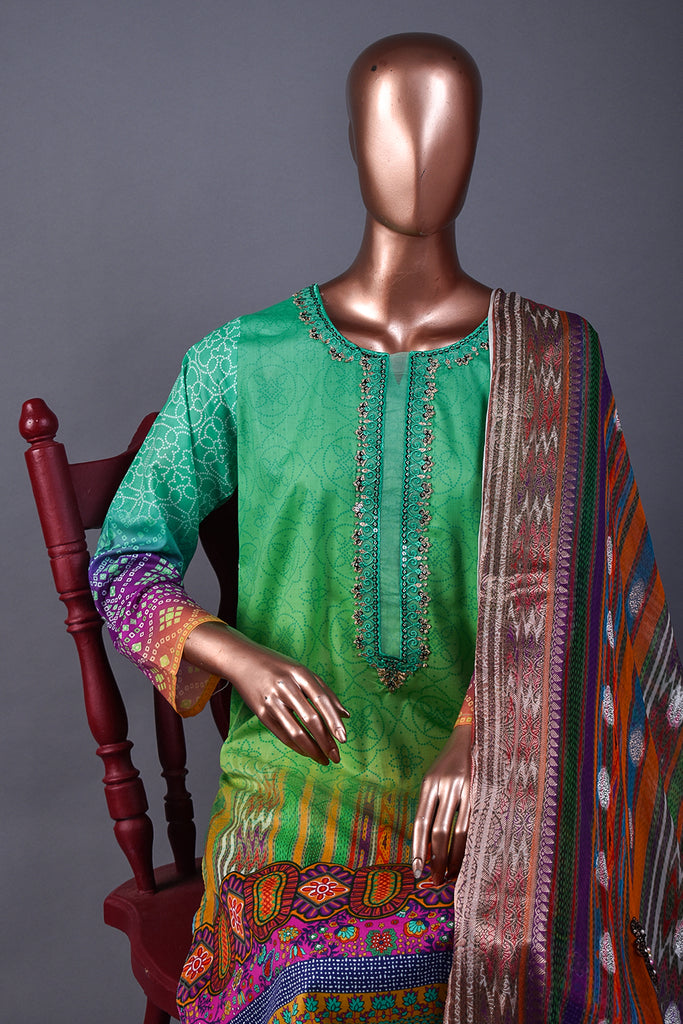 Ethnic Delight (NE2-04) - 3 Pc Unstitched Digital Embroidered Lawn Dress With Digital Bamber Chiffon Dupatta