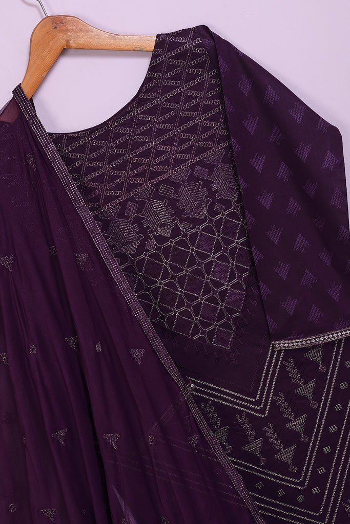 Frozen Ace (SC-153B-Purple) Embroidered & Printed Un-Stitched Cotton Dress With Embroidered Chiffon Dupatta