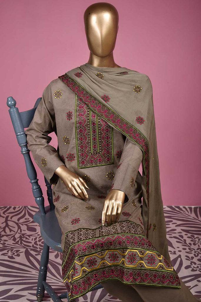 Fifty Shades (SC-141B-Grey) Embroidered & Printed Un-Stitched Cotton Dress With Embroidered Chiffon Dupatta
