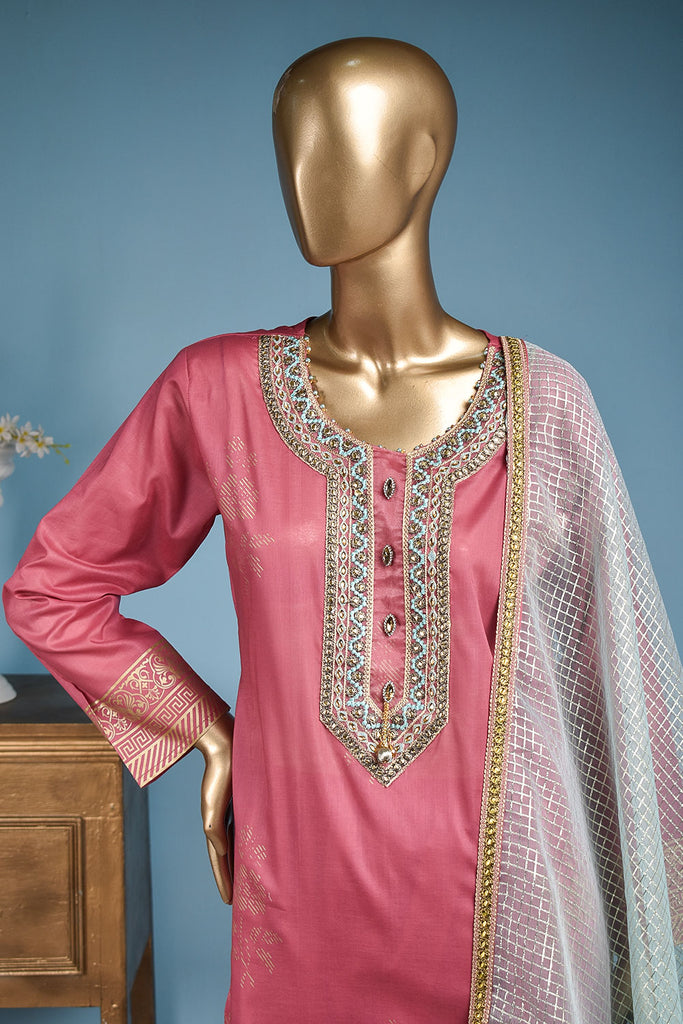 Freesia (FG-1A-Pink) - 3 Pc Unstitched Lawn Gold Print Collection with Fancy Dupatta