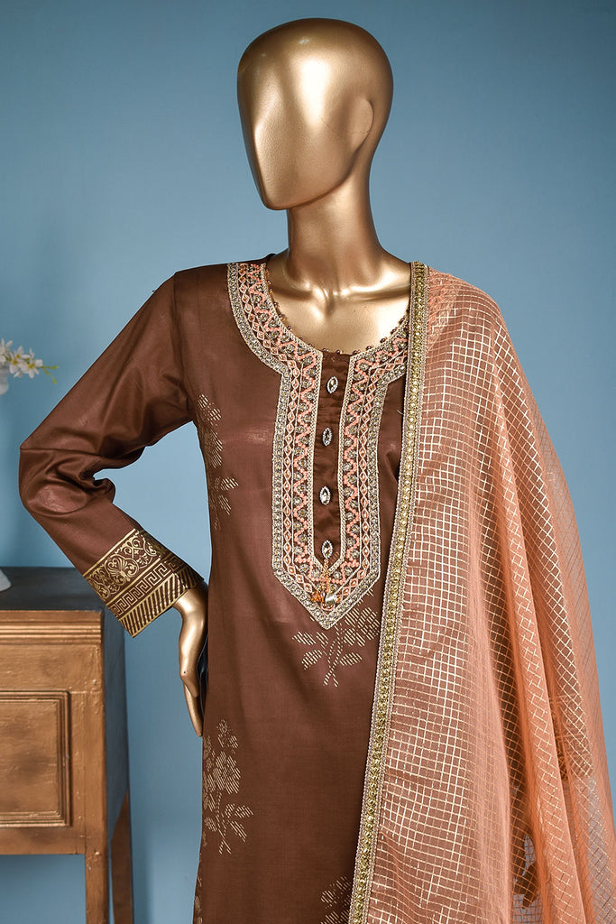 Freesia (FG-1C-Brown) - 3 Pc Unstitched Lawn Gold Print Collection with Fancy Dupatta