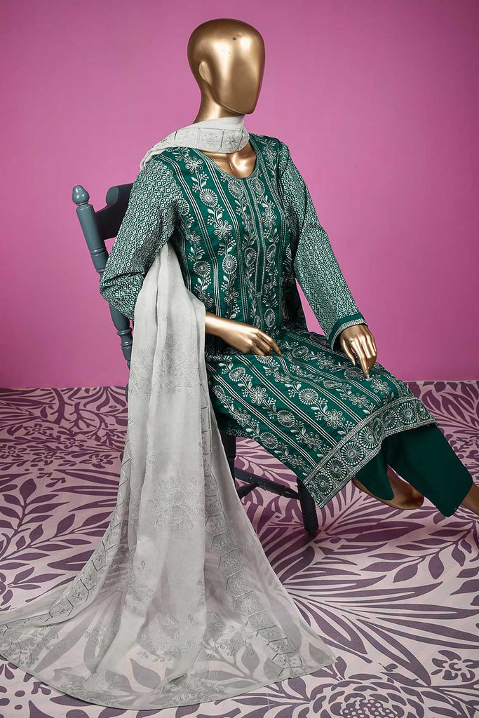 Frisbee (SC-139B-Turquoise) Embroidered & Printed Un-Stitched Cotton Dress With Embroidered Chiffon Dupatta