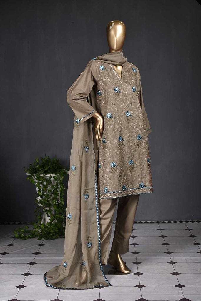 Gulaab Jaal (SC-103A-Khaaki) Embroidered Un-Stitched Cambric Dress With Embroidered Chiffon Dupatta