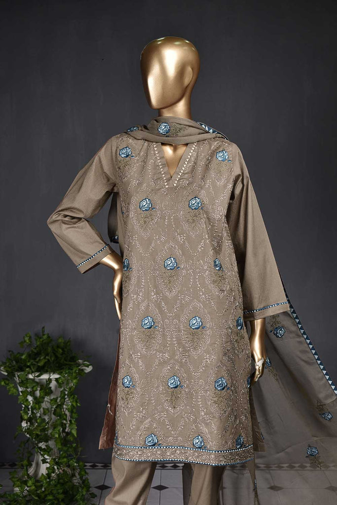 Gulaab Jaal (SC-103A-Khaaki) Embroidered Un-Stitched Cambric Dress With Embroidered Chiffon Dupatta