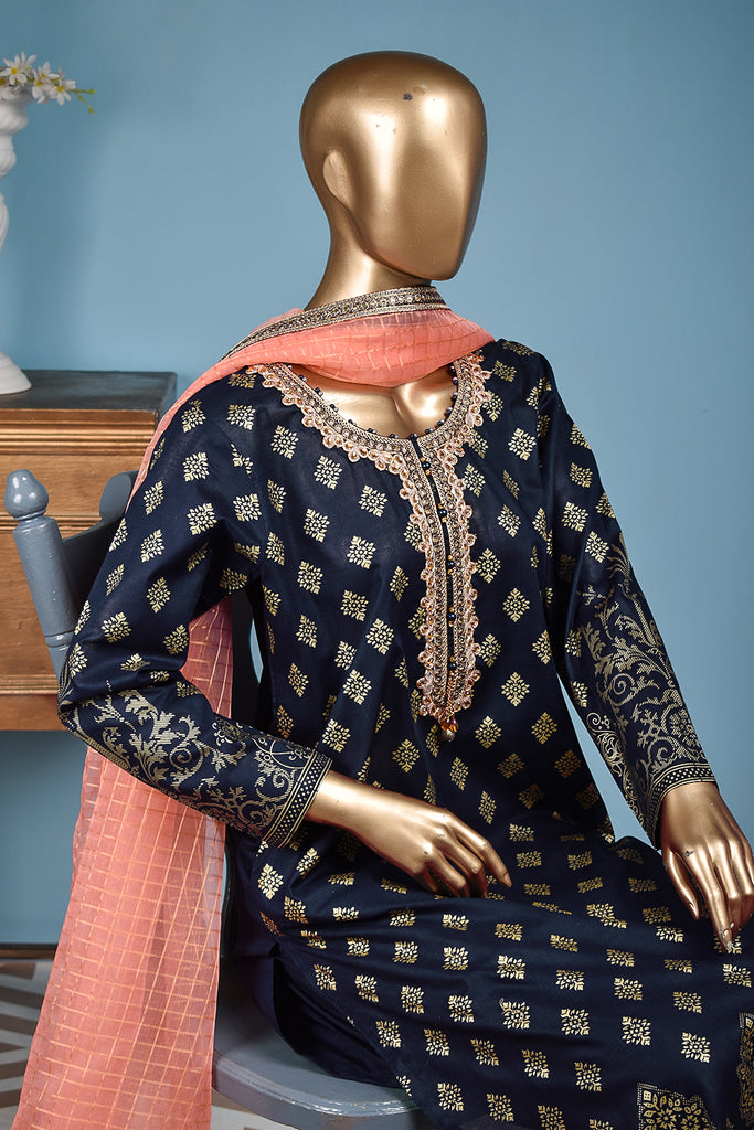 Gladiolus (FG-2B-NavyBlue) - 3 Pc Unstitched Lawn Gold Print Collection with Fancy Dupatta