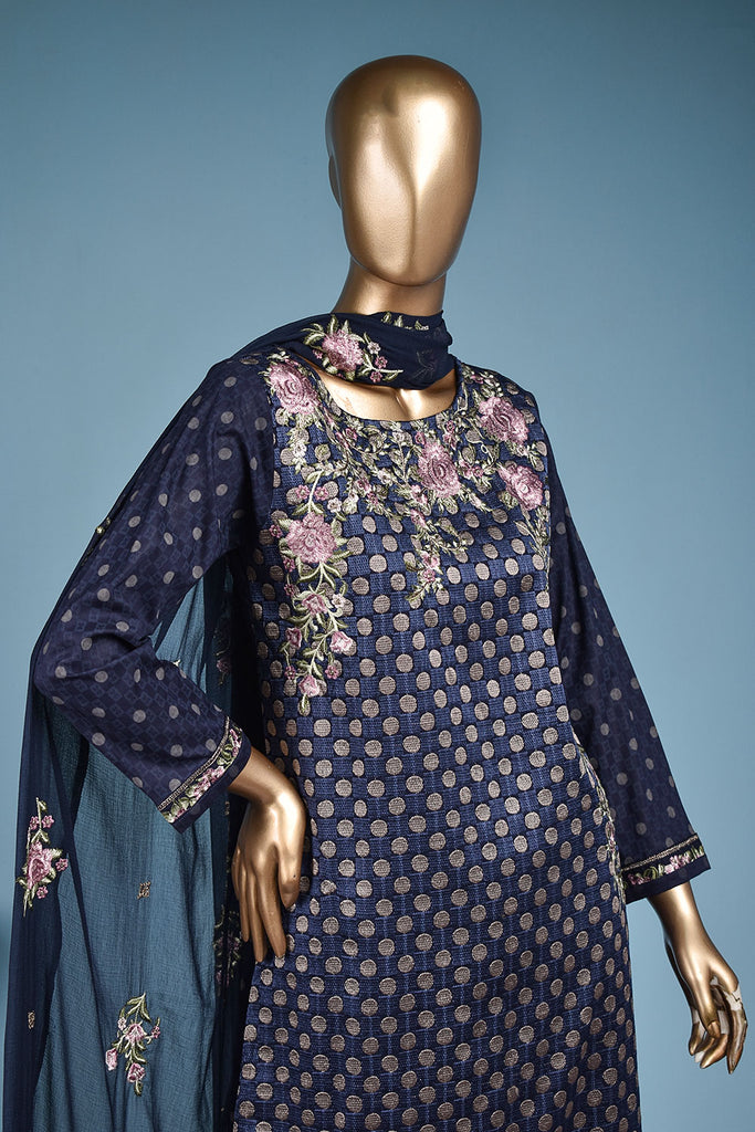 Goli Print (SC-111C-Blue) Embroidered & Printed Un-Stitched Cotton Dress With Embroidered Chiffon Dupatta