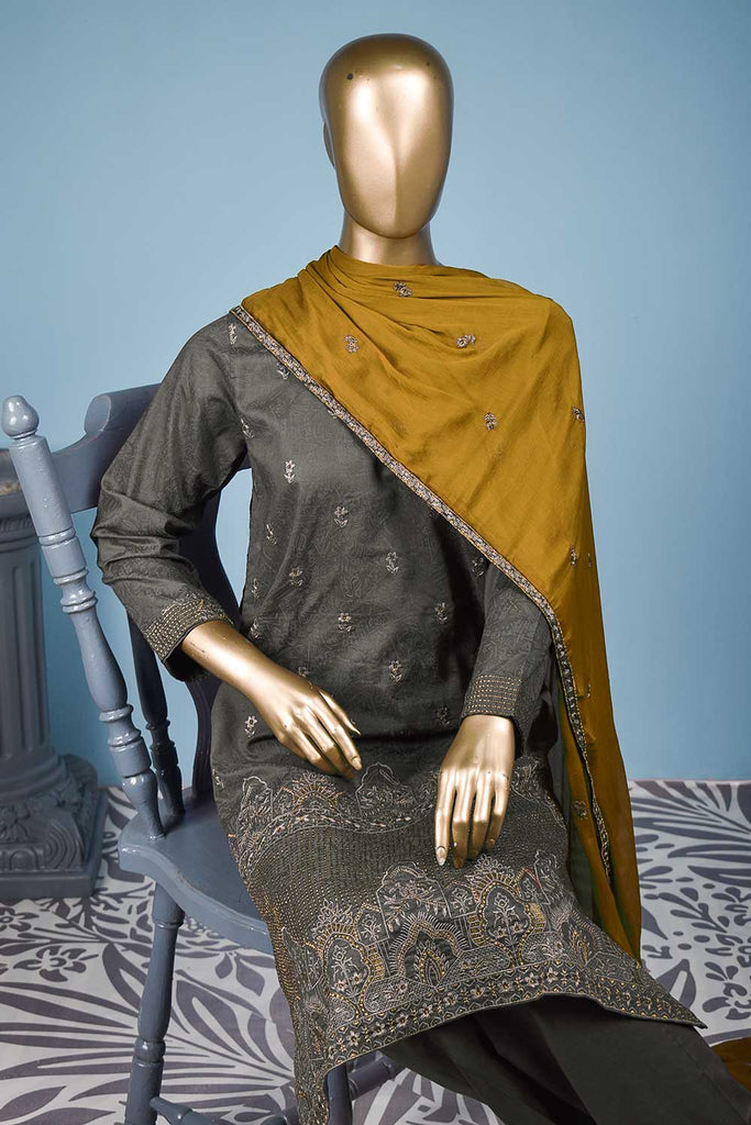 Gulmohar (SC-143B-Grey) Embroidered & Printed Un-Stitched Cotton Dress With Embroidered Chiffon Dupatta