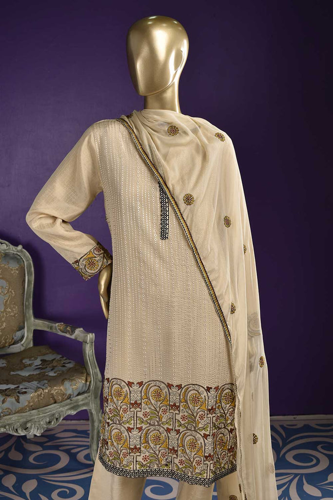 Heavens (RS-02A-Skin) Embroidered & Printed Un-Stitched Raw Silk Dress With Embroidered Chiffon Dupatta