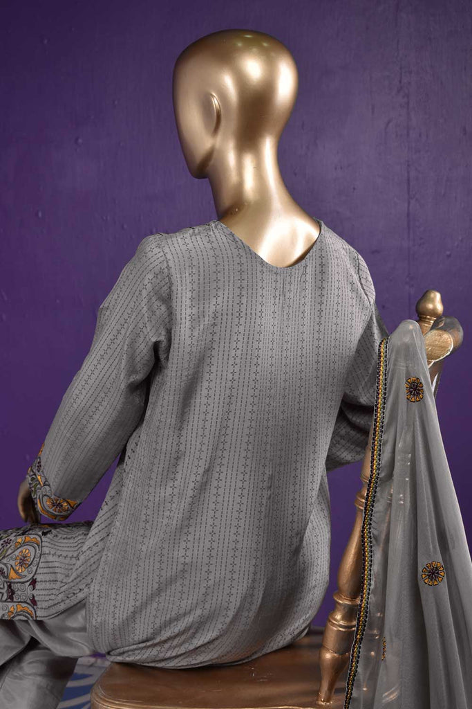 Heavens (RS-02B-Grey) Embroidered & Printed Un-Stitched Raw Silk Dress With Embroidered Chiffon Dupatta