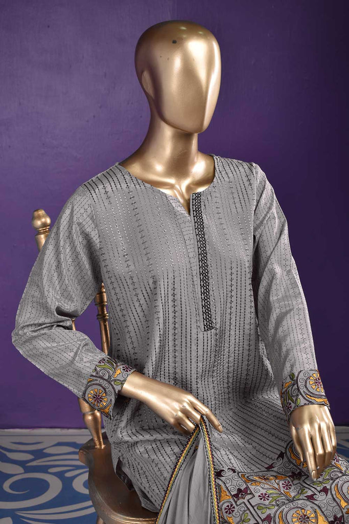 Heavens (RS-02B-Grey) Embroidered & Printed Un-Stitched Raw Silk Dress With Embroidered Chiffon Dupatta