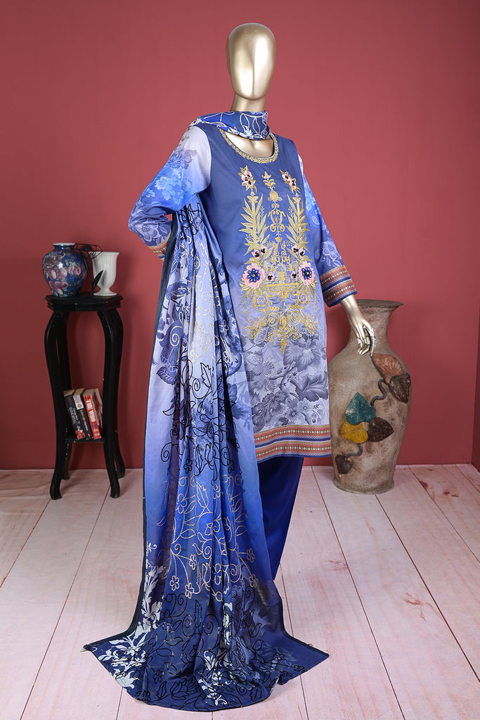 Helios (ECL-003-Blue) - 3 Pc Unstitched Embroidered Lawn Dress With Chikankari Lawn Dupatta