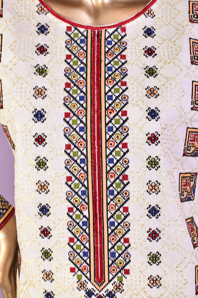 Holidays (SC-183A-Cream) Embroidered & Printed Un-Stitched Cotton Dress With Embroidered Chiffon Dupatta