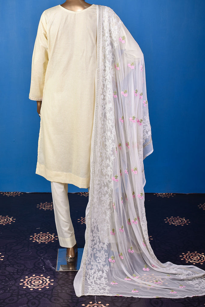 Ice Beauty (SC-26F-Cream) Embroidered & Printed Un-Stitched Cotton Dress With Embroidered Chiffon Dupatta